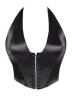 Sleek Black Satin Halter Bustier with Deep V-Neckline and Front Hook Closure