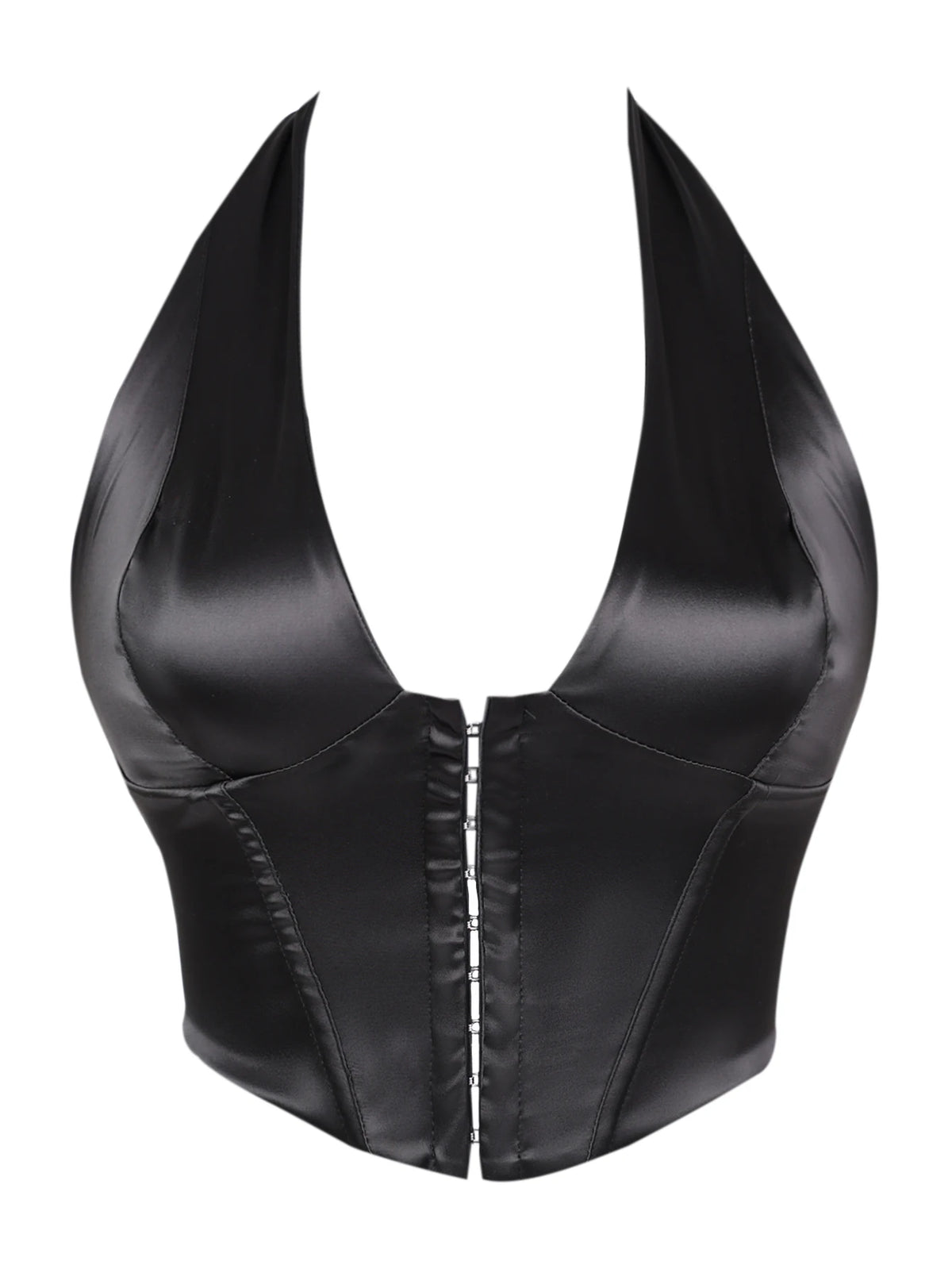 Sleek Black Satin Halter Bustier with Deep V-Neckline and Front Hook Closure