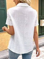 Crisp White Cotton Short-Sleeve Blouse with Floral Eyelet Embroidery