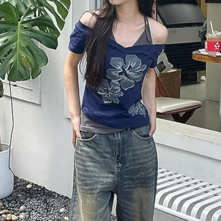 Layered Graphic Baby Tee with Contrast Panels and Alternative Y2K Styling