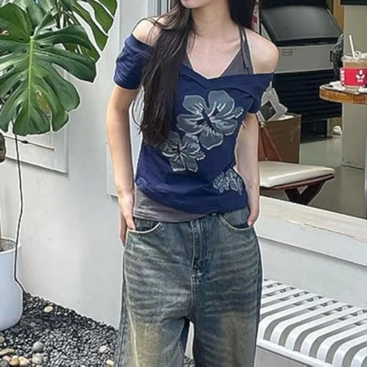 Layered Graphic Baby Tee with Contrast Panels and Alternative Y2K Styling