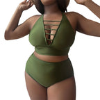 Black Textured High-Waisted Two-Piece Swimsuit with Strappy V-Neck Top and Wide Waistband Detail