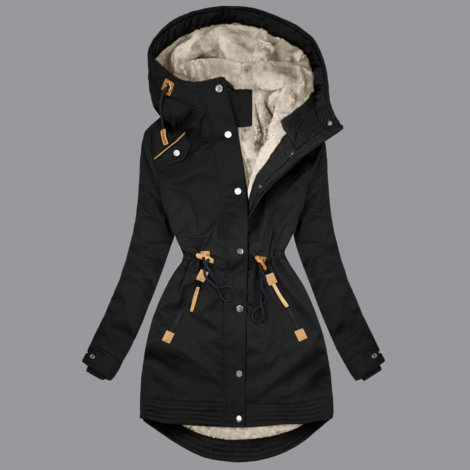 Women's Hooded Fleece-Lined Drawstring Utility Rain Jacket with Windproof Streetwear Outdoor Style