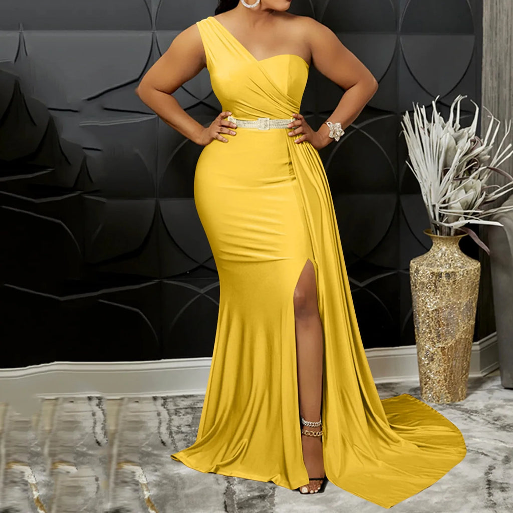 Vibrant Yellow One-Shoulder Evening Gown with Ruched Bodice and High Slit