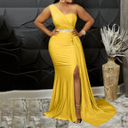 Vibrant Yellow One-Shoulder Evening Gown with Ruched Bodice and High Slit