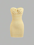 Striking Red and White Striped Strapless Bodycon Tube Dress