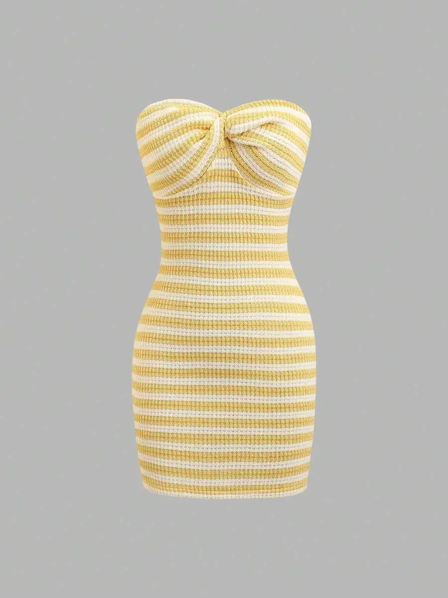 Striking Red and White Striped Strapless Bodycon Tube Dress