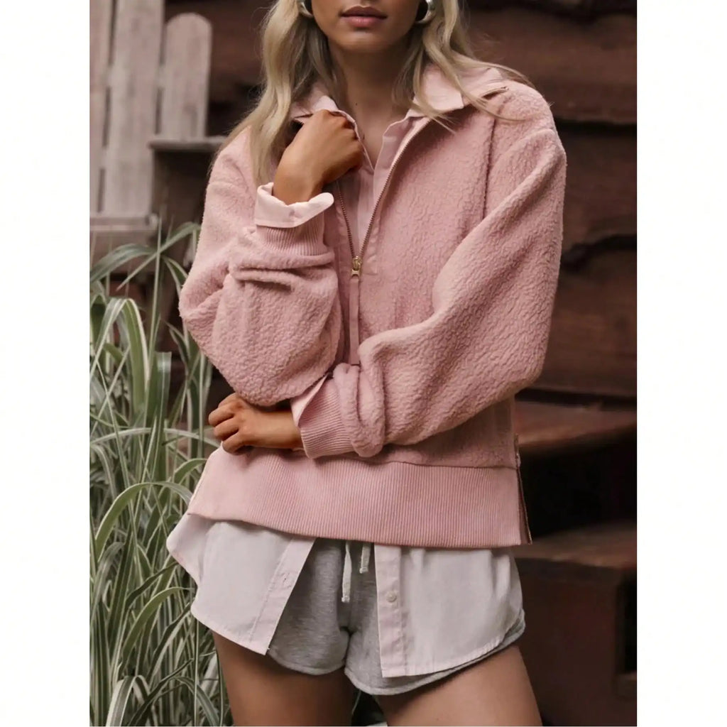 Women's Half Zip Fleece Pullover Sweater with Relaxed Mock Neck Design