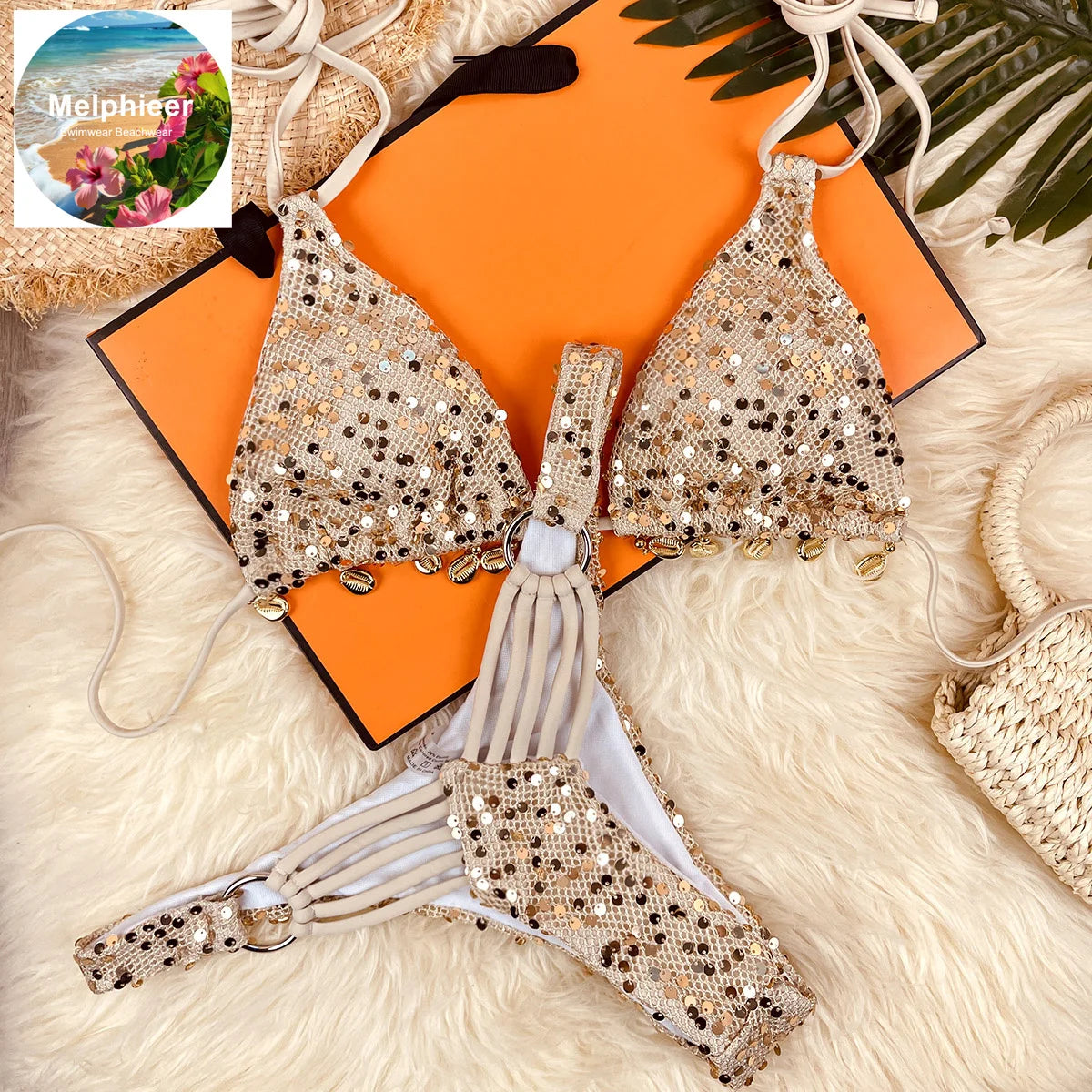 Shimmering Champagne Triangle Bikini with Strappy Side-Tie Bottoms