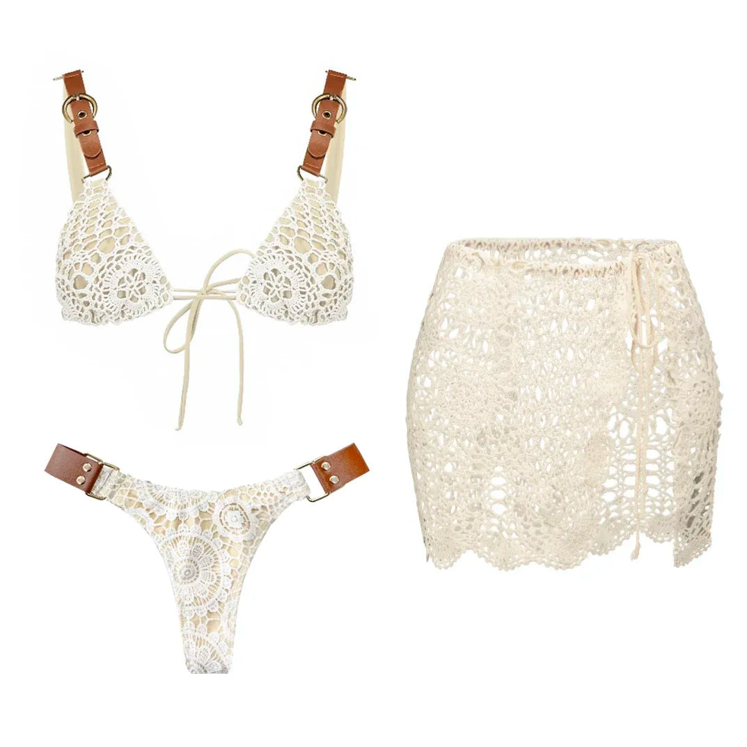 White Crochet-Detail Three-Piece Bikini Set with Adjustable Triangle Top, Knotted Bottom and Matching Beach Skirt