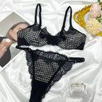 Elegant Silver Grey Floral Lace Underwire Bra with Blue Grid Accents