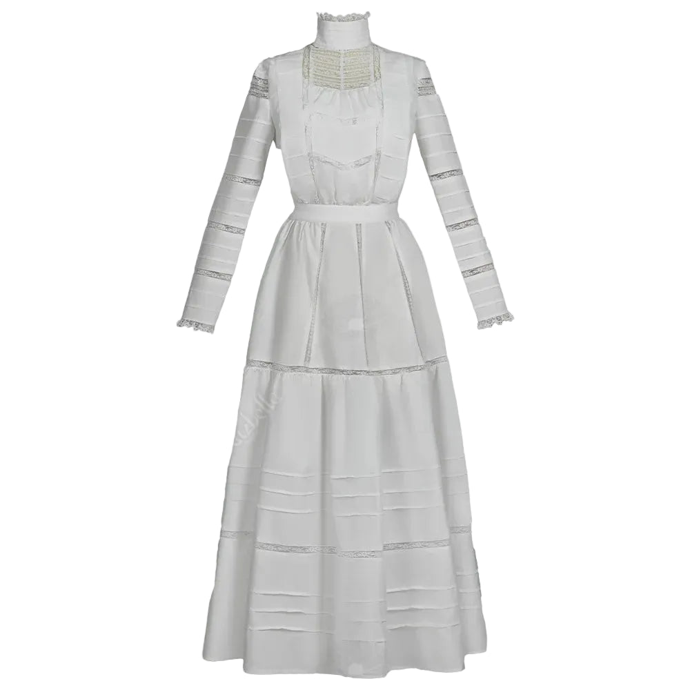 Women's Vintage Inspired High Neck Dress Set with Layered Skirt and Long Sleeve Design
