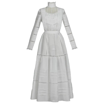 Women's Vintage Inspired High Neck Dress Set with Layered Skirt and Long Sleeve Design
