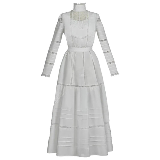Women's Vintage Inspired High Neck Dress Set with Layered Skirt and Long Sleeve Design