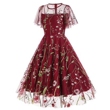 Vintage Floral Gothic Midi Dress with Retro Alternative Elegance