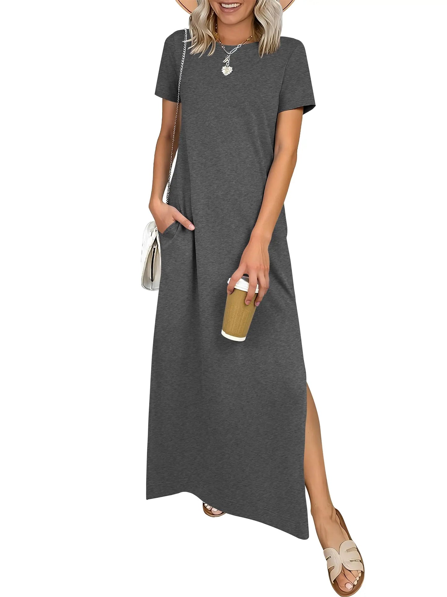 Relaxed Crew Neck Maxi Dress with Side Slits and Functional Pockets