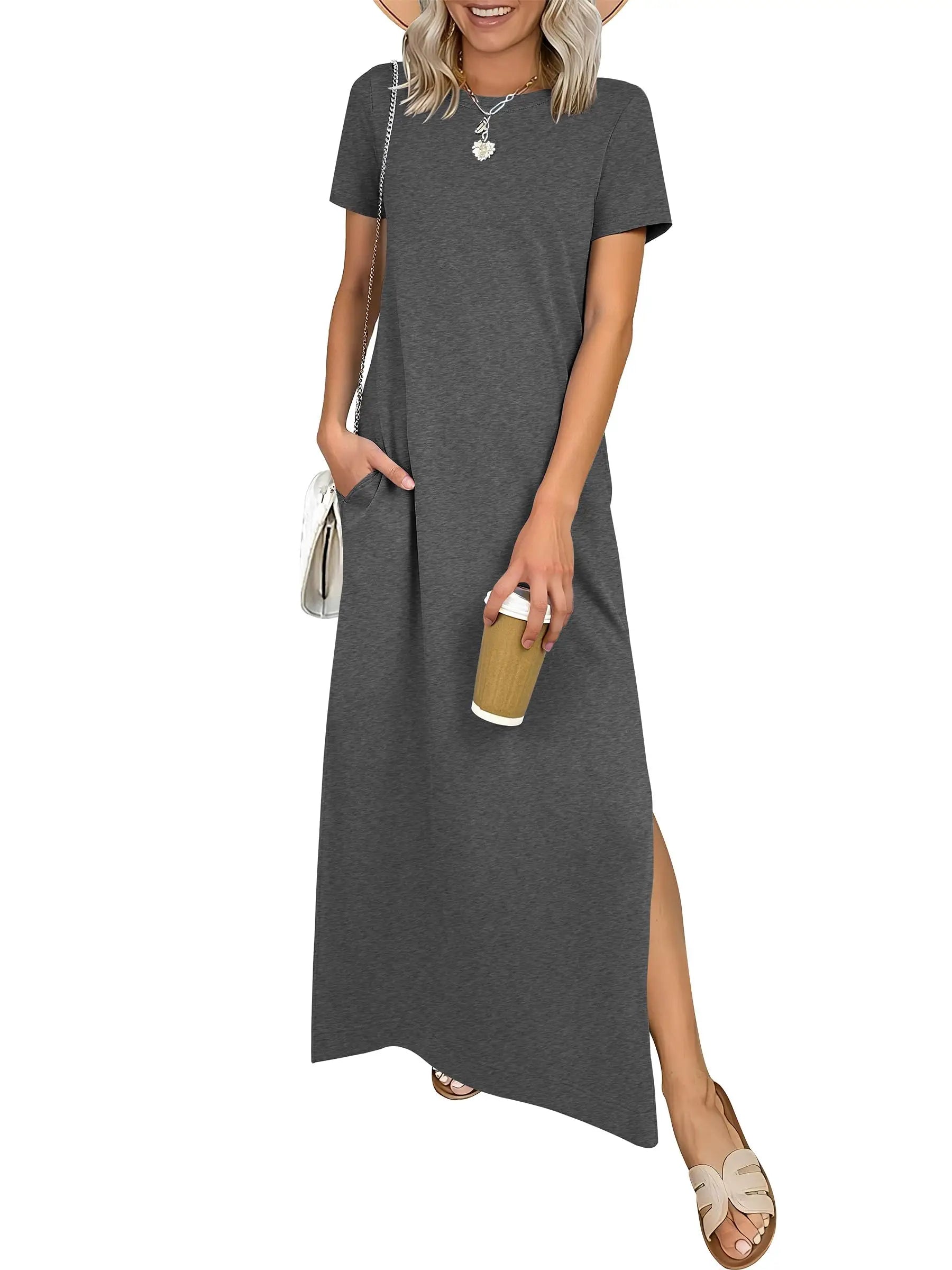 Relaxed Crew Neck Maxi Dress with Side Slits and Functional Pockets