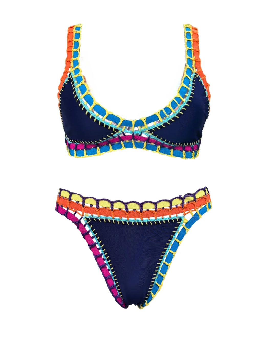 Deep Navy Scoop Neck Bikini Set with Vibrant Contrast Crochet Edging