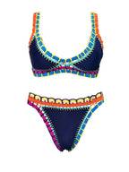 Deep Navy Scoop Neck Bikini Set with Vibrant Contrast Crochet Edging