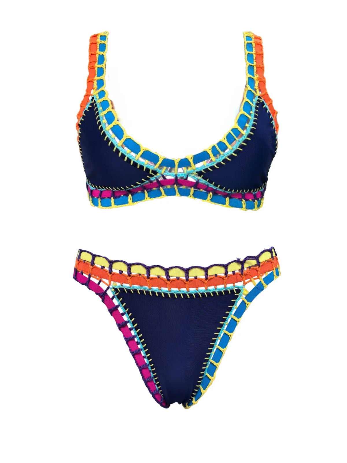 Deep Navy Scoop Neck Bikini Set with Vibrant Contrast Crochet Edging