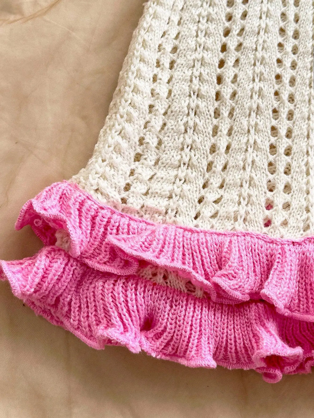 Playful Coastal Crochet-Style Mini Dress with Pink Ruffled Hem and Starfish Appliques