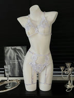 Vibrant Red Strappy Floral Appliqué Three-Piece Open Lingerie Set