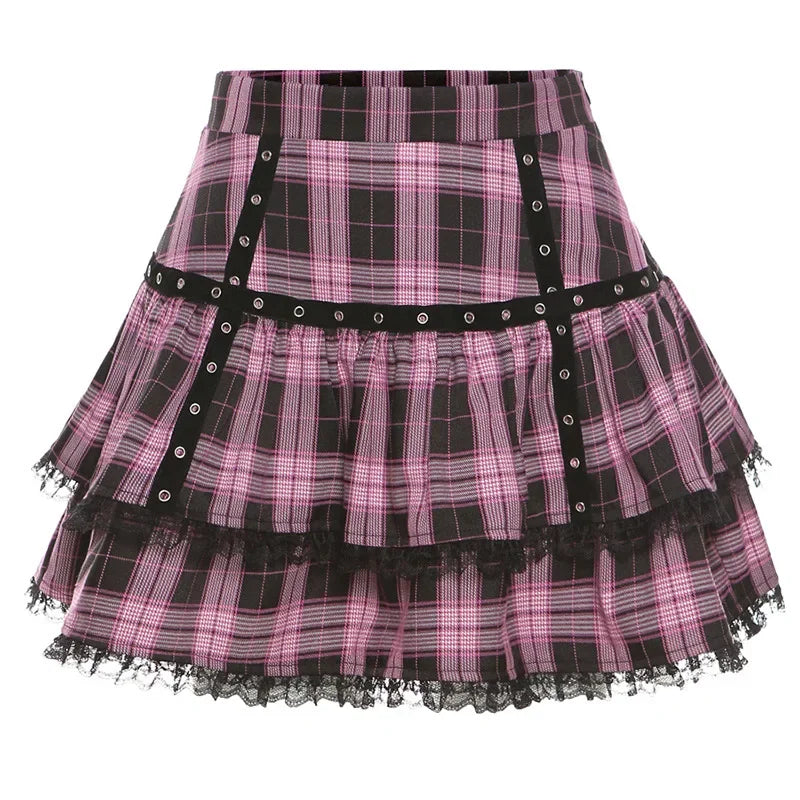 Plaid Tiered Ruffle Mini Skirt Lace Trim Gothic Inspired Alternative Bottom