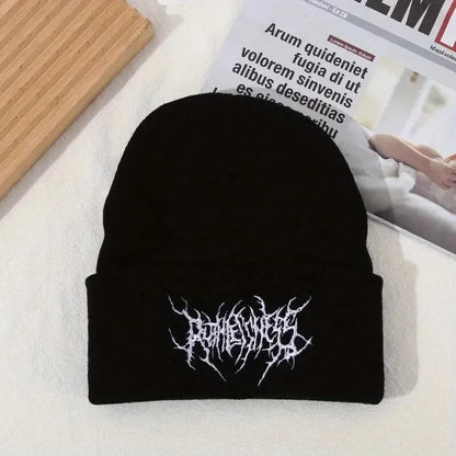 Gothic Inspired Embroidered Acrylic Knit Beanie for Contemporary Streetwear Winter Everyday Fashion Style