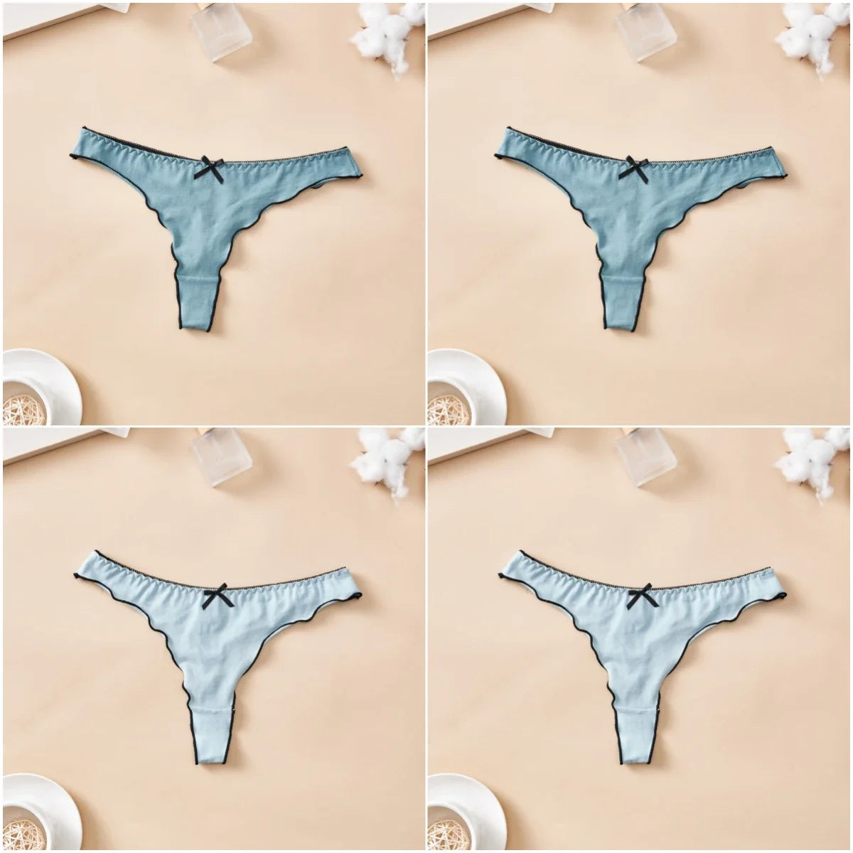 4-Piece Women’s Cotton Low-Rise Thong Panties Set with T-Back Silhouette, Decorative Bow Detail and Assorted Solid Colors