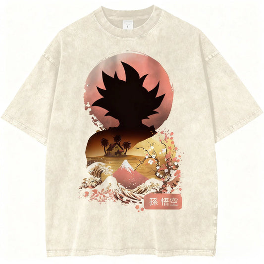 Sunset Warrior Anime Graphic Oversized Washed Cotton Casual Streetwear T-Shirt