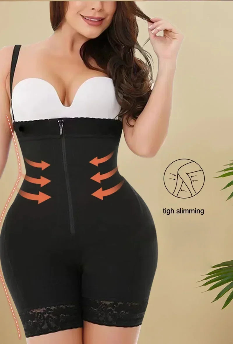 Open-Bust Zip-Front Mid-Thigh Shaping Bodysuit with Adjustable Straps