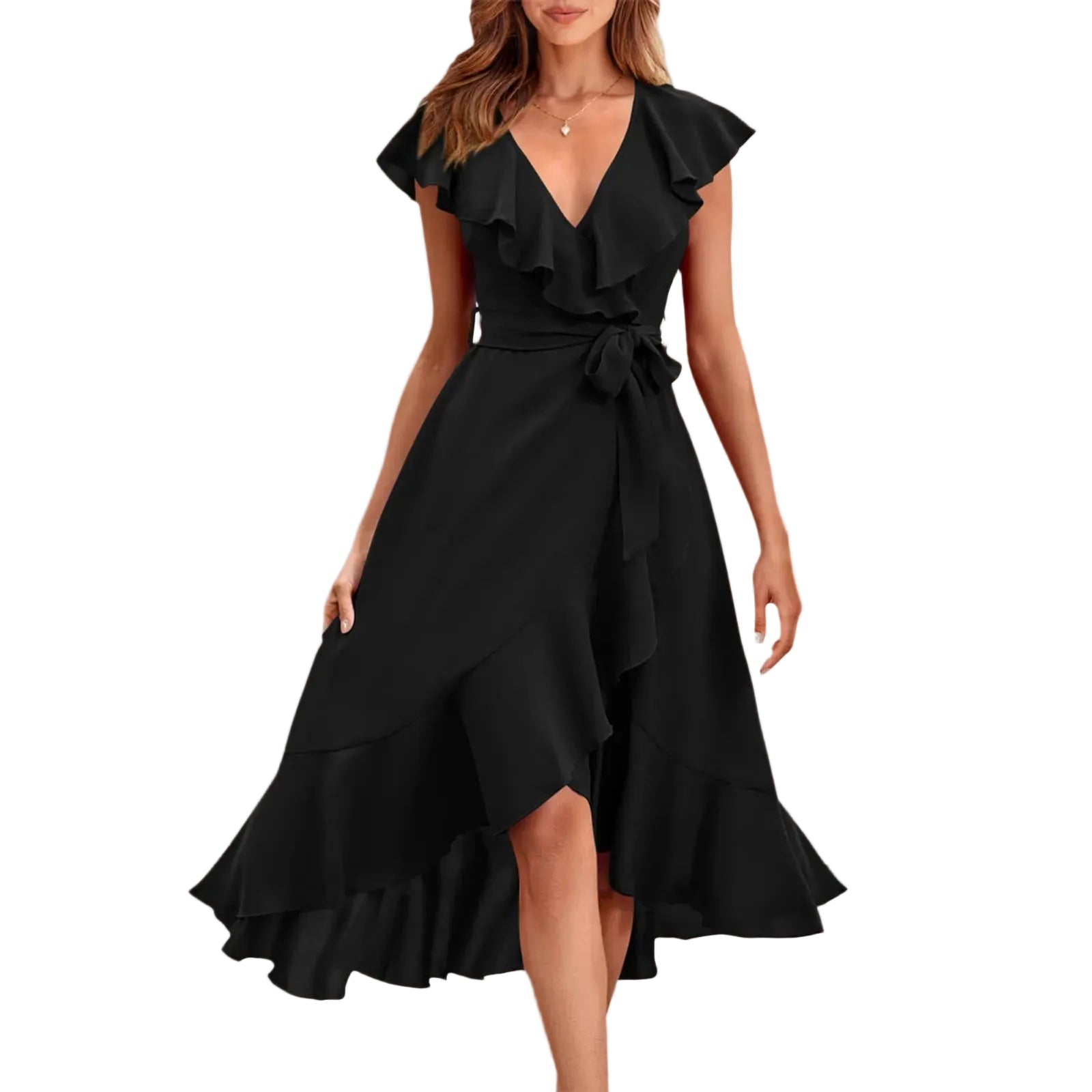Ruffle Detail Wrap Midi Dress with Layered Contemporary Silhouette