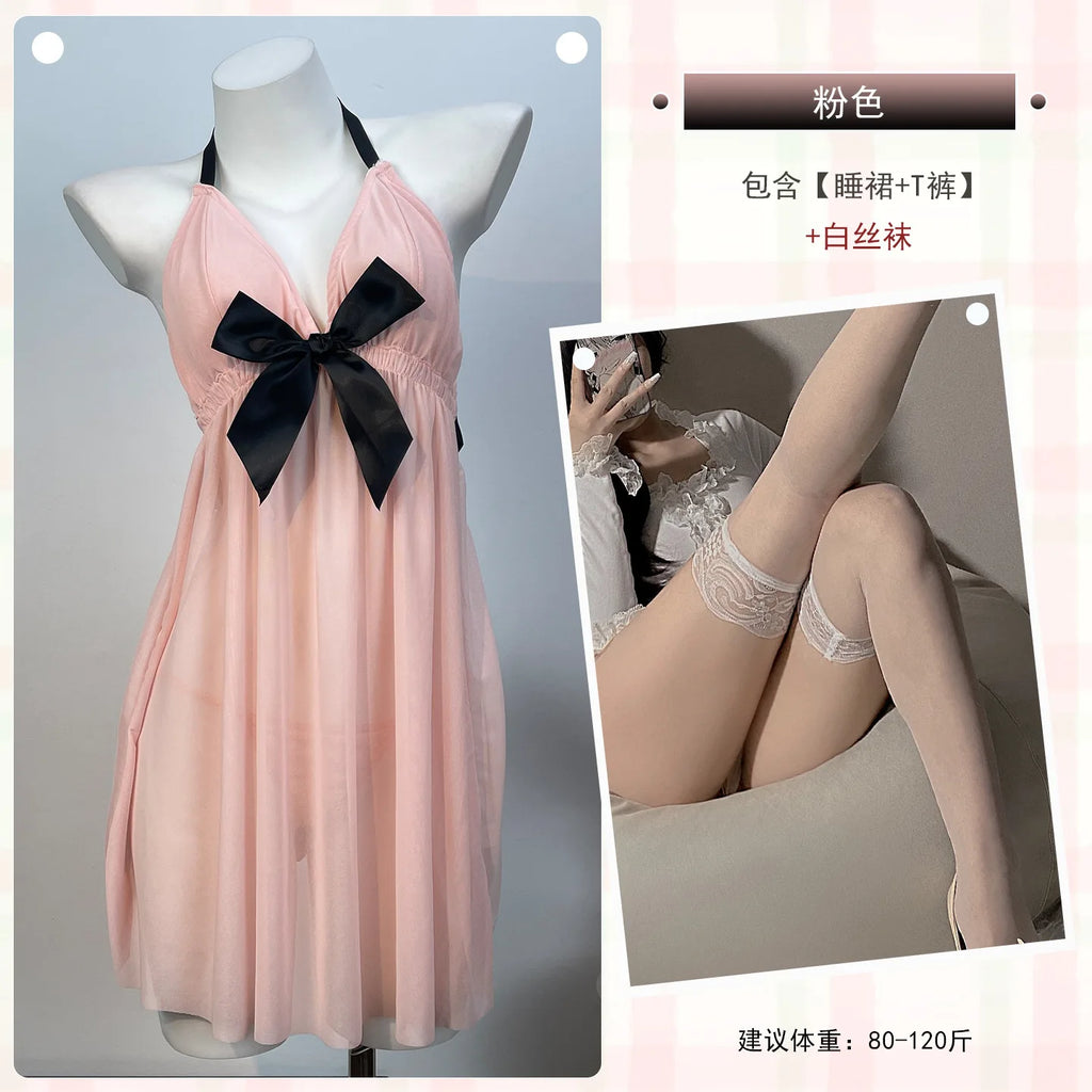 Peach Pleated Mesh Halter Babydoll with Contrast Black Bow Detailing