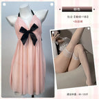 Peach Pleated Mesh Halter Babydoll with Contrast Black Bow Detailing