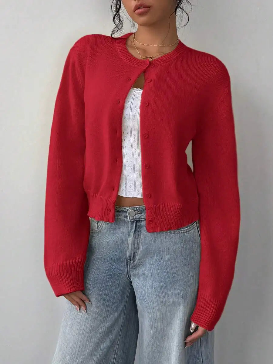 Women's Cropped Crew Neck Relaxed Fit Minimalist Knit Sweater