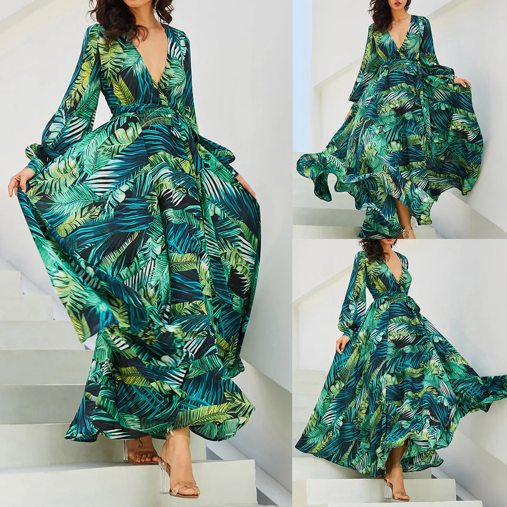 Flowing Tropical Print Bohemian Alternative Fashion Maxi Dress
