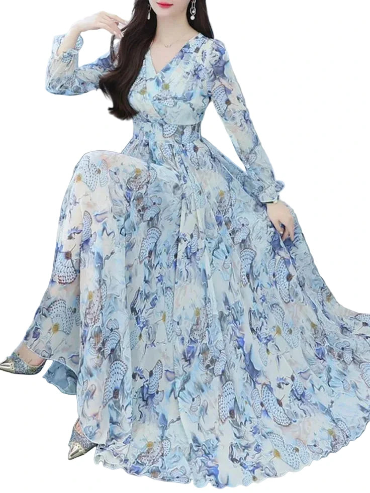 Flowing Botanical Print Maxi Dress with V-Neckline and Sheer Long Sleeves