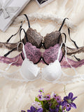 Romantic Floral Lace Push-Up Bra Set with Scalloped Edges and Rhinestone Accents