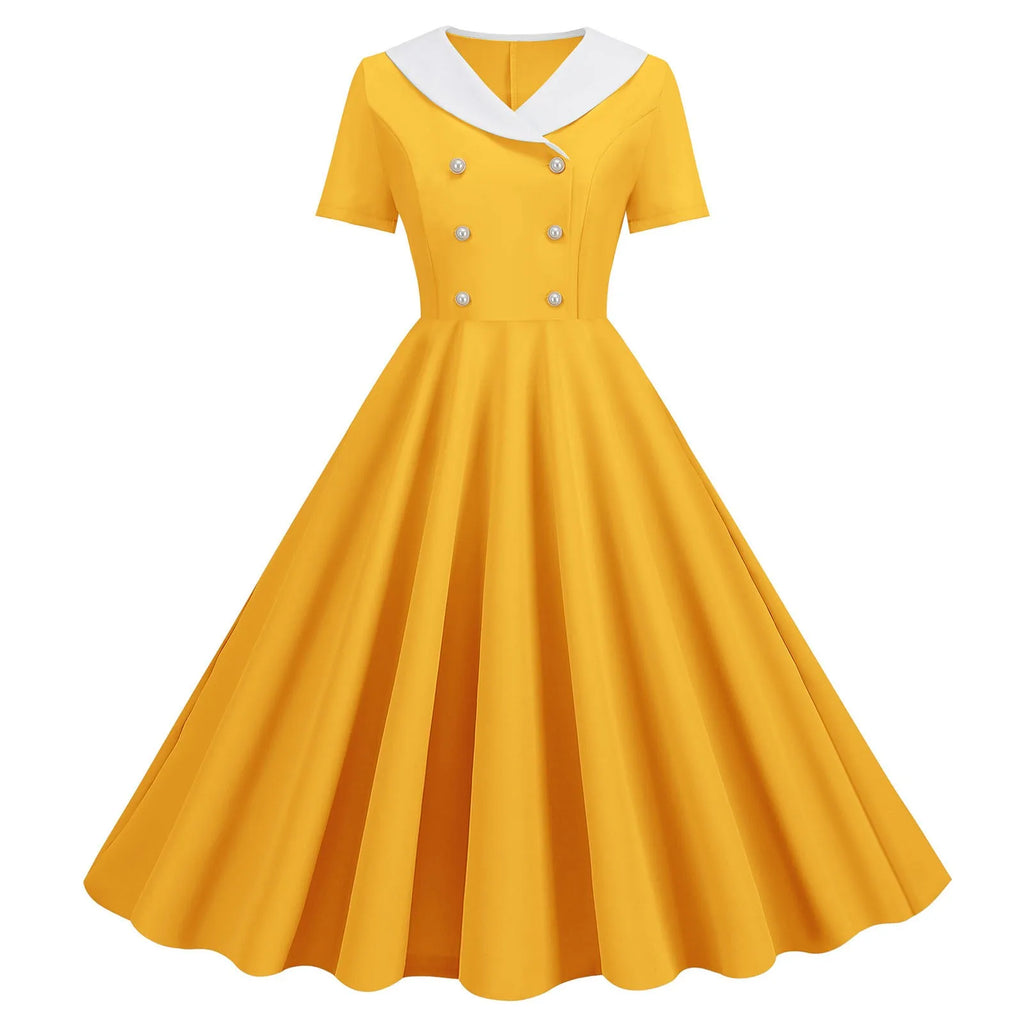 Vintage-Inspired Yellow Swing Dress with Contrast Collar and Decorative Buttons