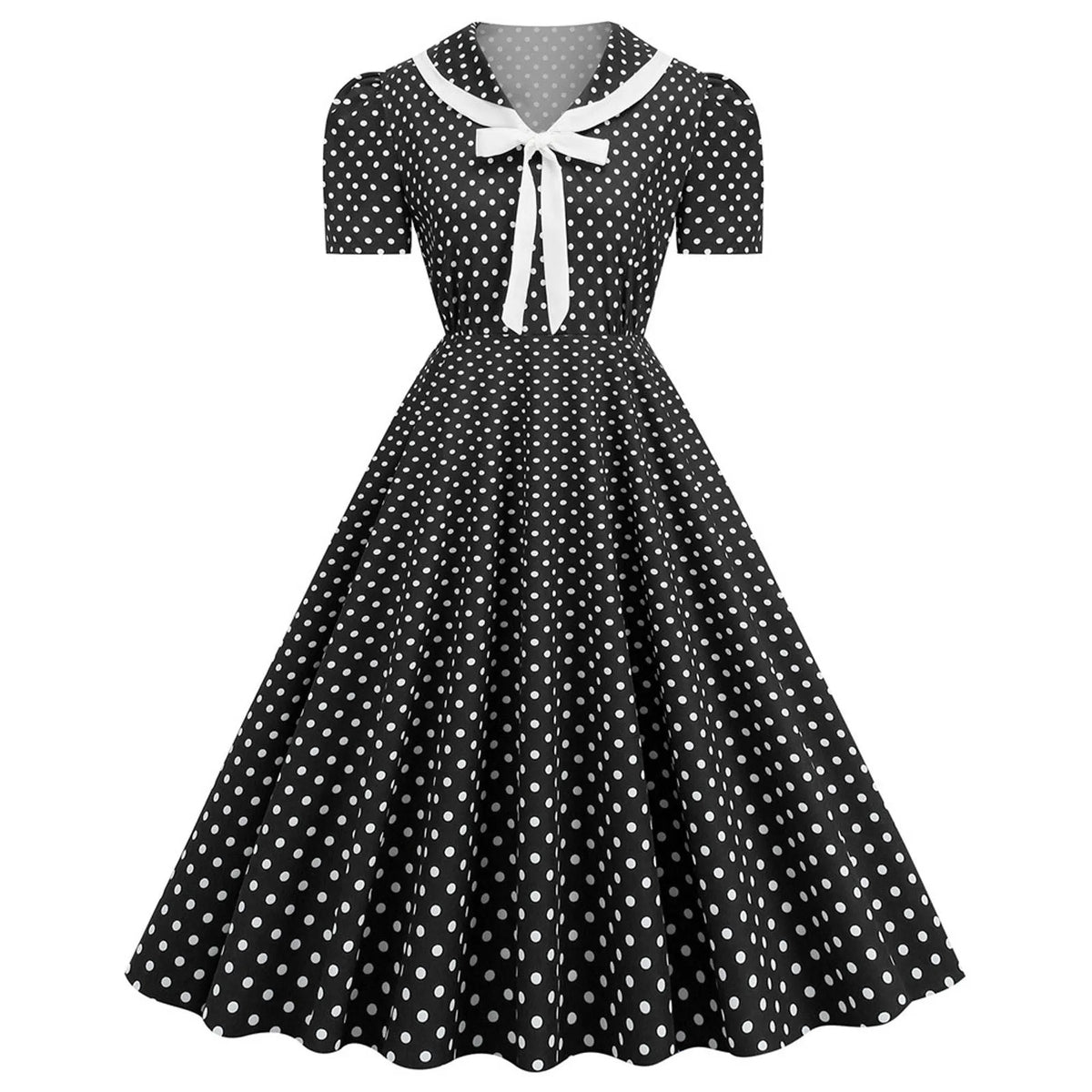 Retro Red and White Polka Dot Swing Dress with Bow Collar