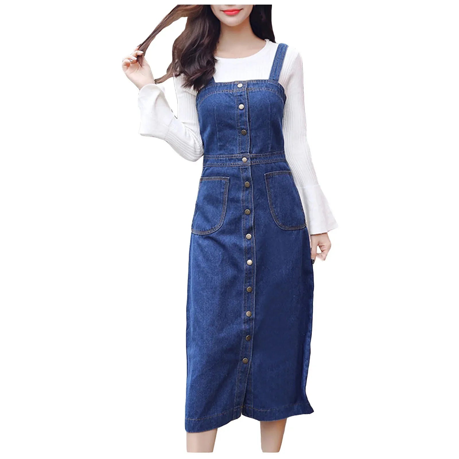 Denim Camisole Maxi Dress with Adjustable Straps and A-Line Silhouette