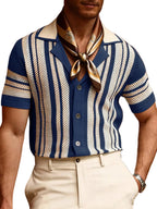 Men's Vertical Stripe Short Sleeve Knit Cardigan with Retro Summer Silhouette