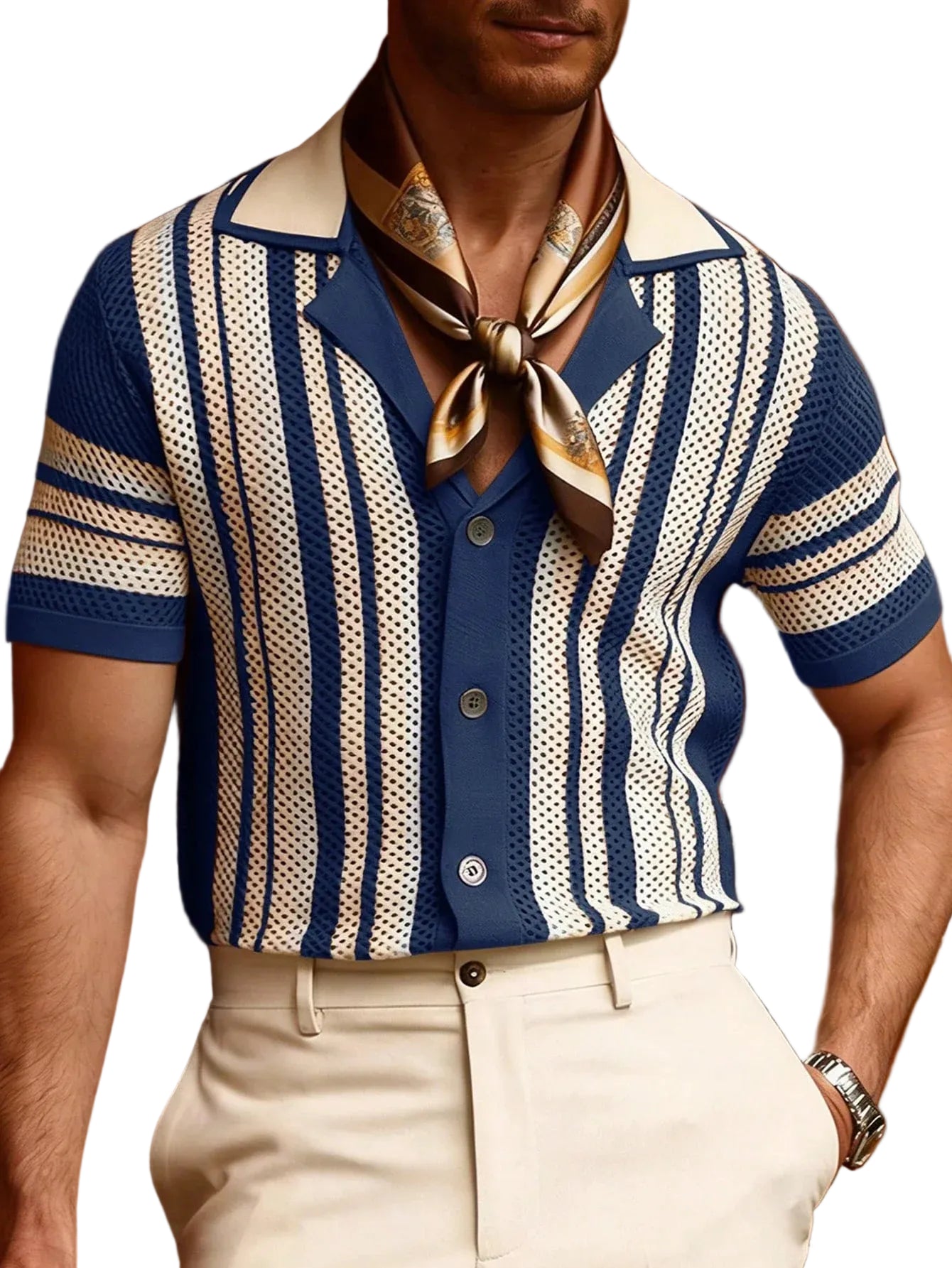 Men's Vertical Stripe Short Sleeve Knit Cardigan with Retro Summer Silhouette
