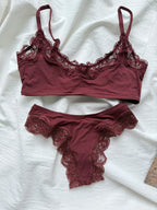Minimalist Light Pink Wire-Free Lounge Bralette and Brief Set with Delicate Lace Edging