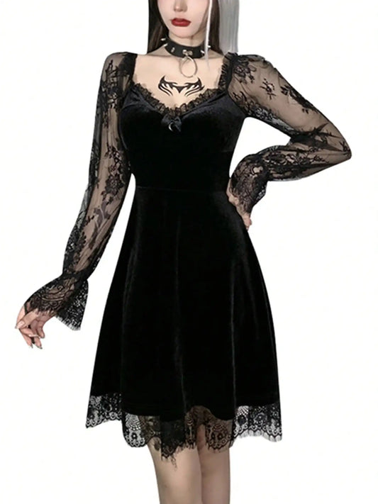 Gothic Lace Sleeve Velvet Mini Dress with Dark Elegant Aesthetic