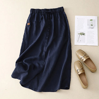 High Waist Button Front A-Line Midi Skirt with Side Slit Casual Everyday Style