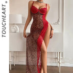 Bold Leopard Print and Red Lace Asymmetrical Maxi Dress with High Side Slit