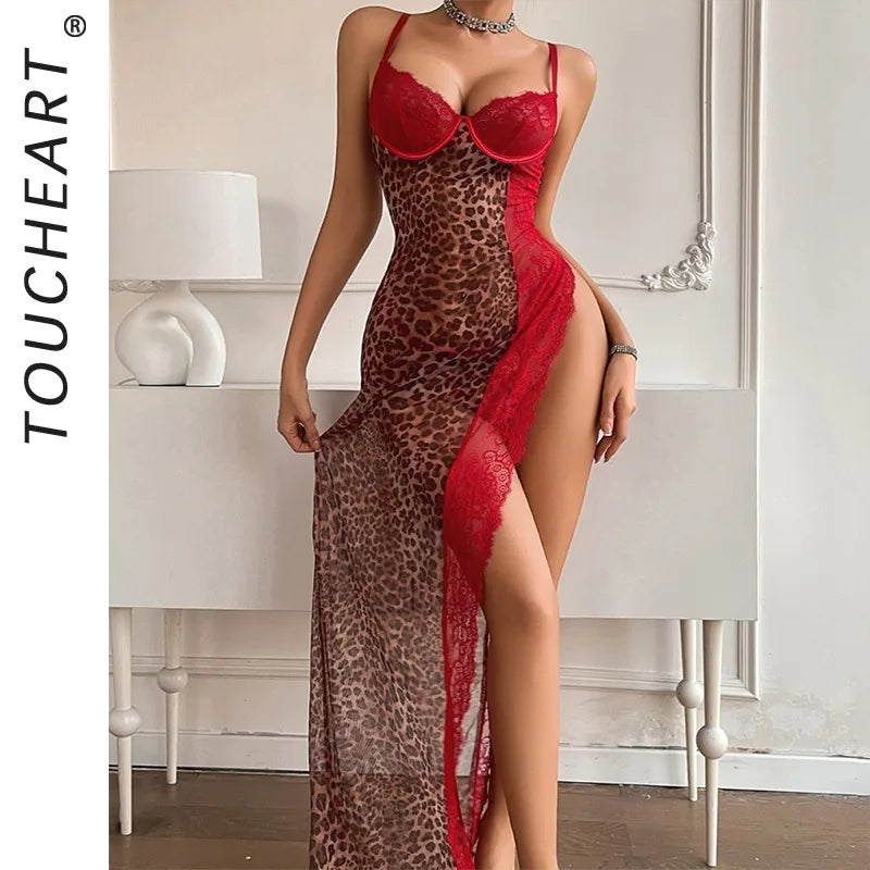Bold Leopard Print and Red Lace Asymmetrical Maxi Dress with High Side Slit