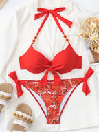 Neon Green Underwire Halter Bikini with Printed Side-Tie Bottom