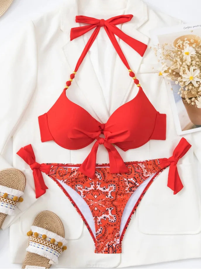 Neon Green Underwire Halter Bikini with Printed Side-Tie Bottom